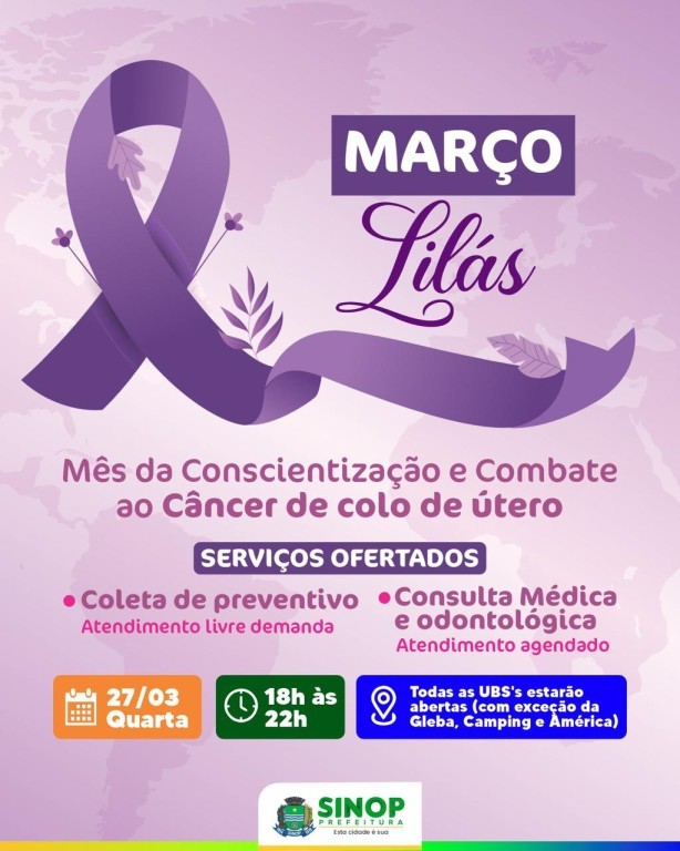 Março Lilás: hoje tem atendimento estendido das 18h às 22h nas UBS