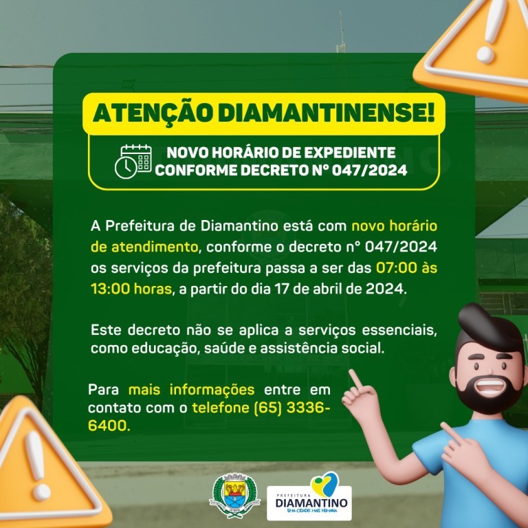 Ajuste seu relógio! A Prefeitura de Diamantino tem novos horários de atendimento a partir de 17 de abril de 2024