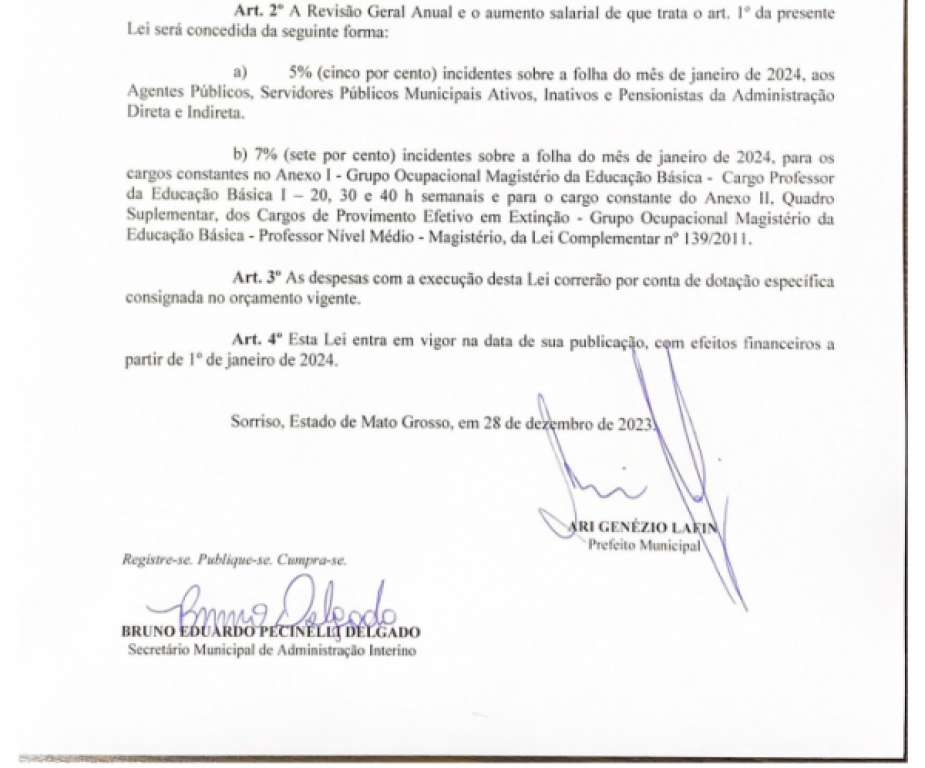 Administração Municipal autoriza aumento salarial para 2024
