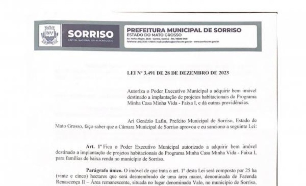 Prefeito autoriza aquisição de 25 hectares para projetos habitacionais em Sorriso