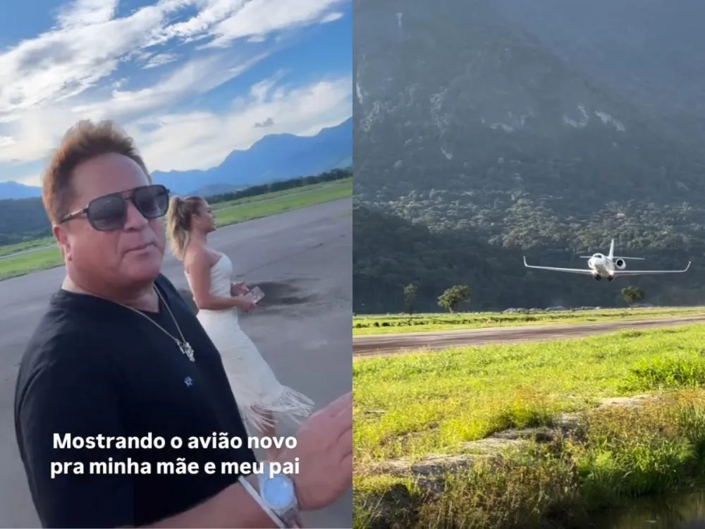 Leonardo e Poliana conhecem o novo avião particular de Virginia e Zé Felipe no RJ Os pais do cantor Zé Felipe viajaram para Mangaratiba para comemorar o aniversário da nora