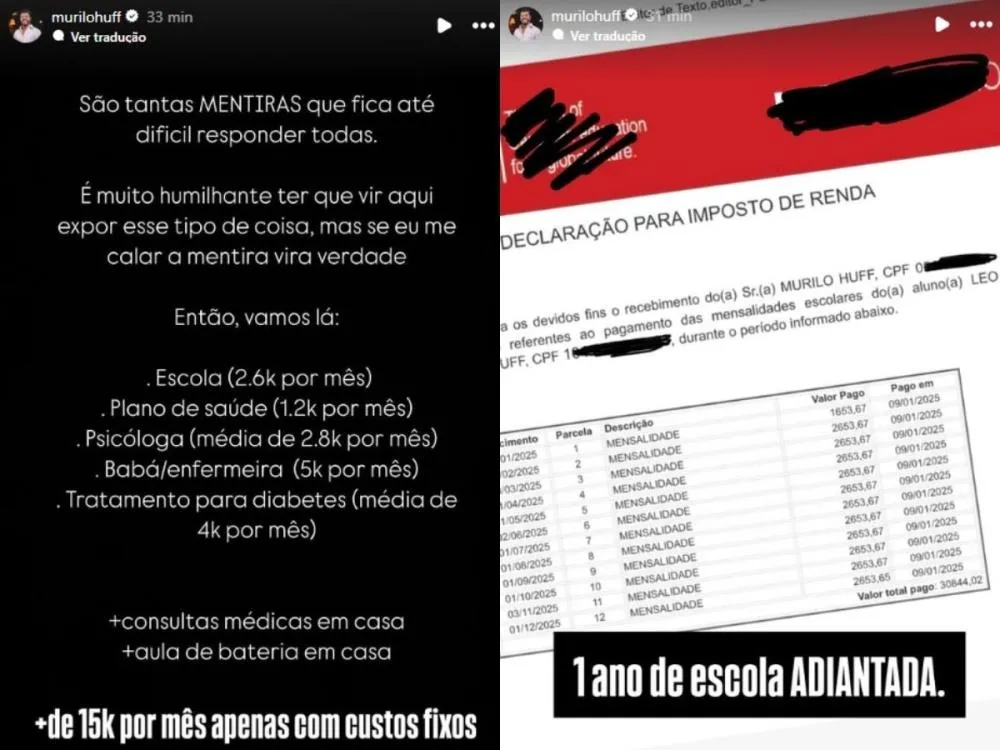 Murilo Huff rebate críticas e detalha custos fixos de Leo: “Estão inventando mentiras” Cantor expôs prints de comprovantes e acusações de dona Ruth sobre a pensão do filho do casal, o pequeno Léo