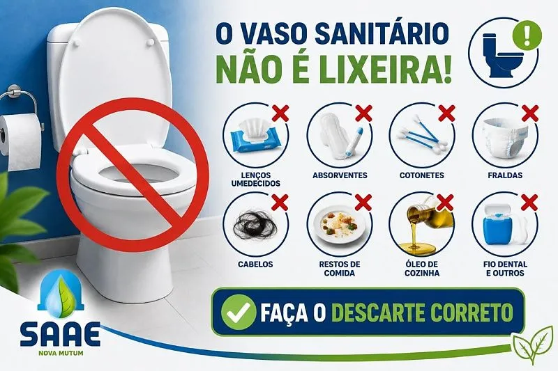 SAAE orienta população de Nova Mutum/MT sobre descarte correto e alerta: vaso sanitário não é lixeira