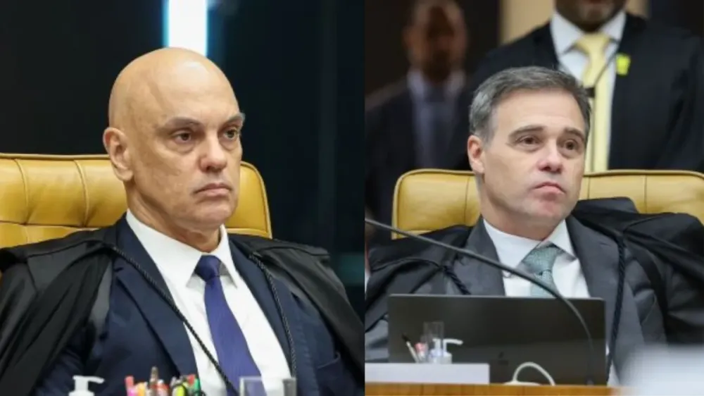 Ministros André Mendonça e Alexandre de Moraes em sessão do STF que analisa relatório da PF sobre mensagens entre Moraes e Vorcaro • Rosinei Coutinho/STF