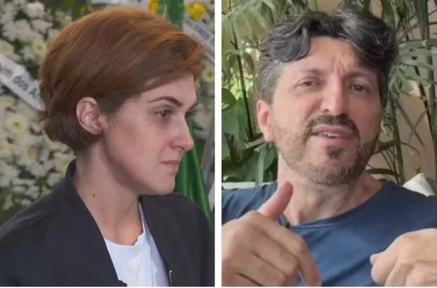 Mila falou com a imprensa no velório do marido, o influenciador Lito Sousa. — Foto: Reprodução