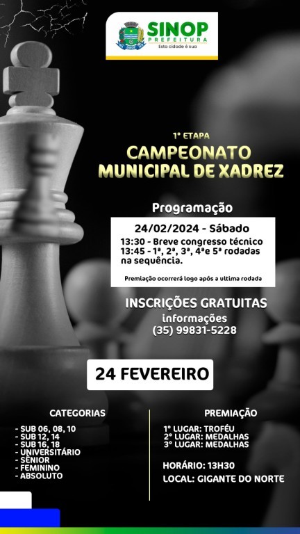 Estão abertas as inscrições para a 1ª Etapa do Campeonato Municipal de Xadrez