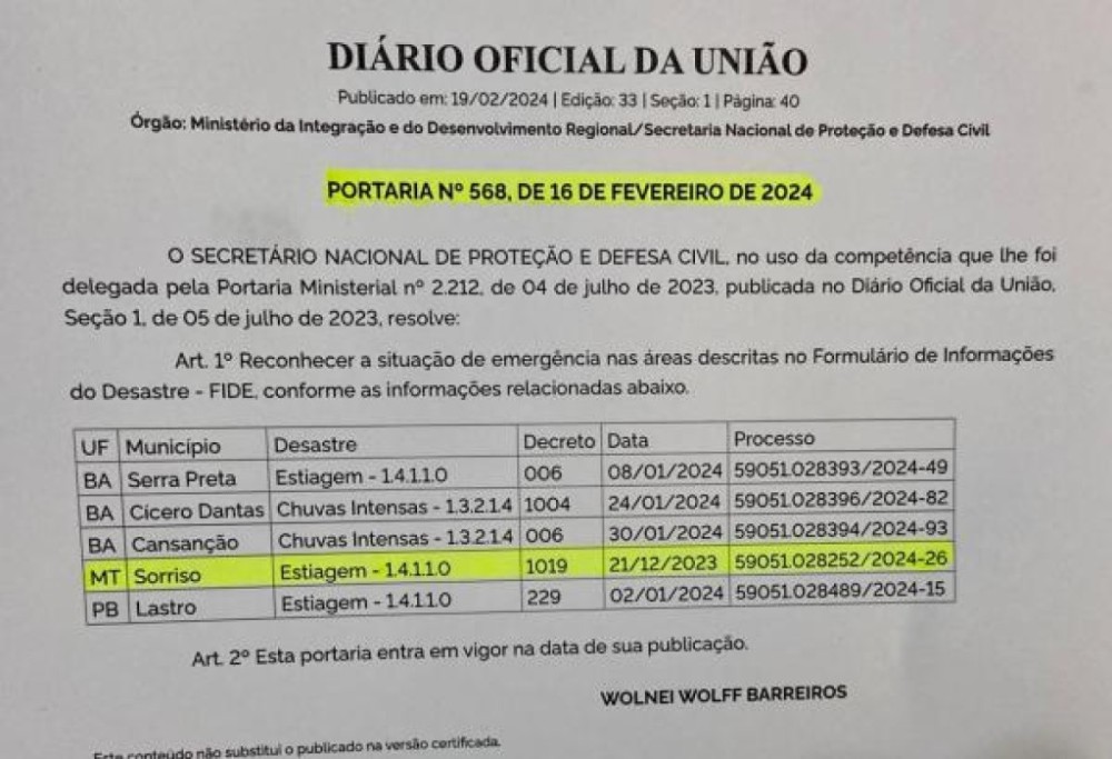 Defesa Civil Federal reconhece situação de emergência de Sorriso