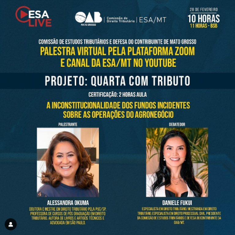 ‘Quarta com Tributo’ oferece palestra sobre inconstitucionalidade dos fundos incidentes sobre operaç